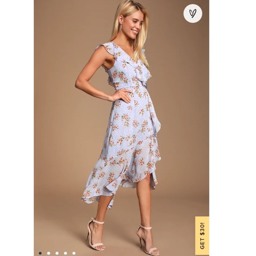 Lulus Cairo Periwinkle Floral Print Ruffle Midi Dress